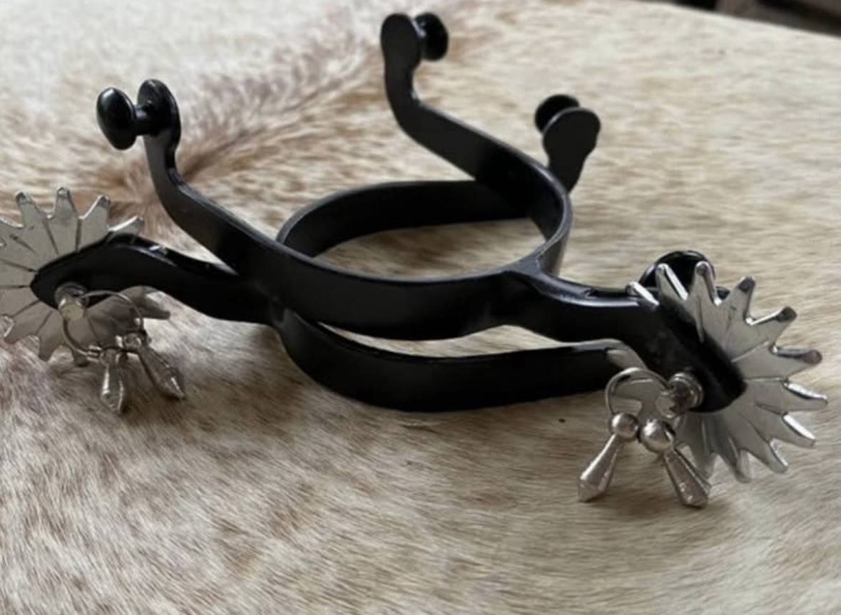 Adult Size Black Steel Spurs with Jingle Bobs On Oversized Silver Rowels PAIR