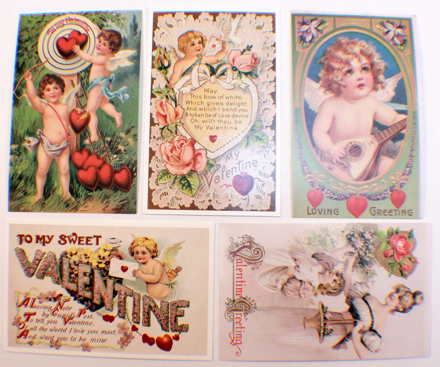 Lot Of 5 Romantic Valentine Greeting Postcards Cupid Old Print Factory