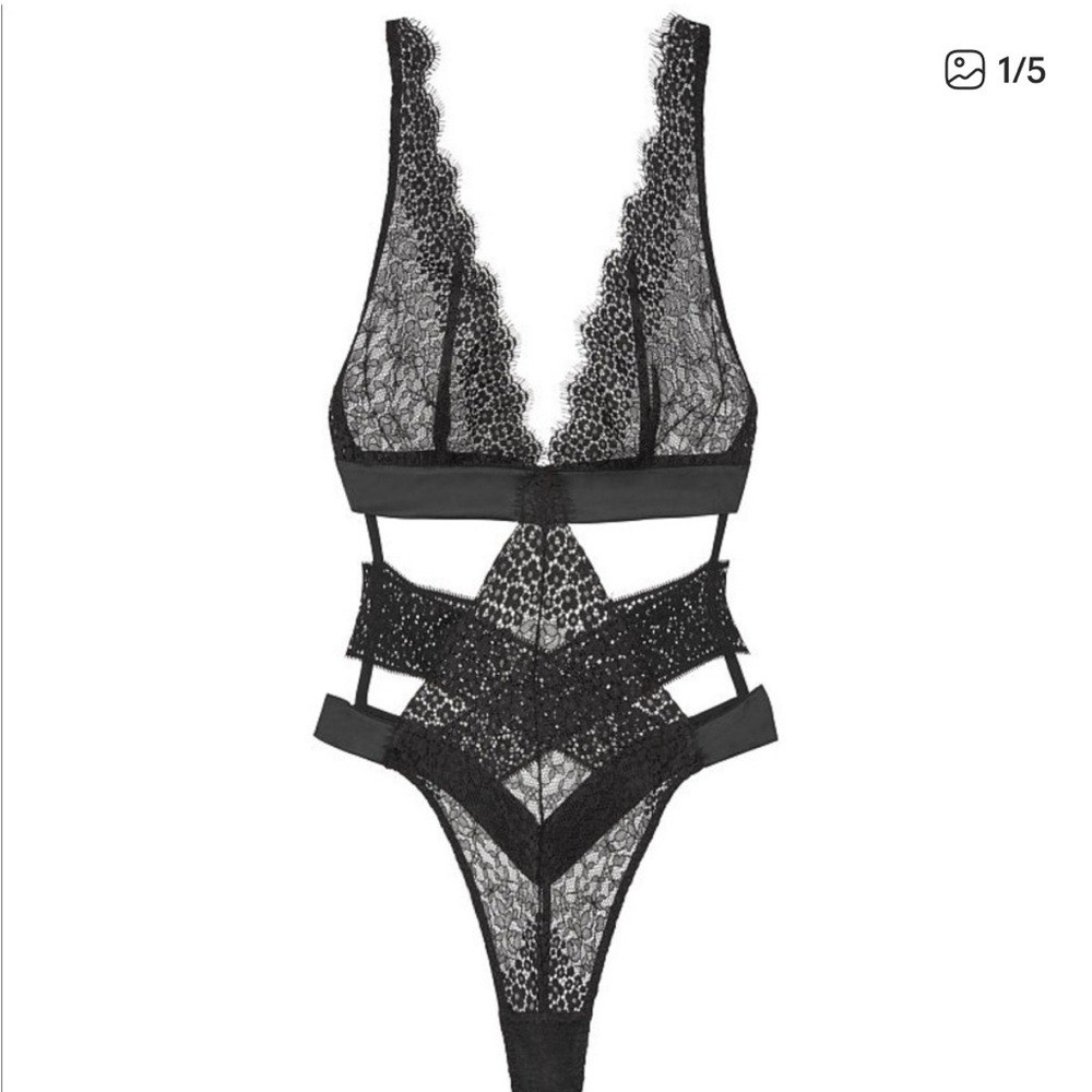 Victorias Secret Black Lace Thong Bodysuit. Size large.