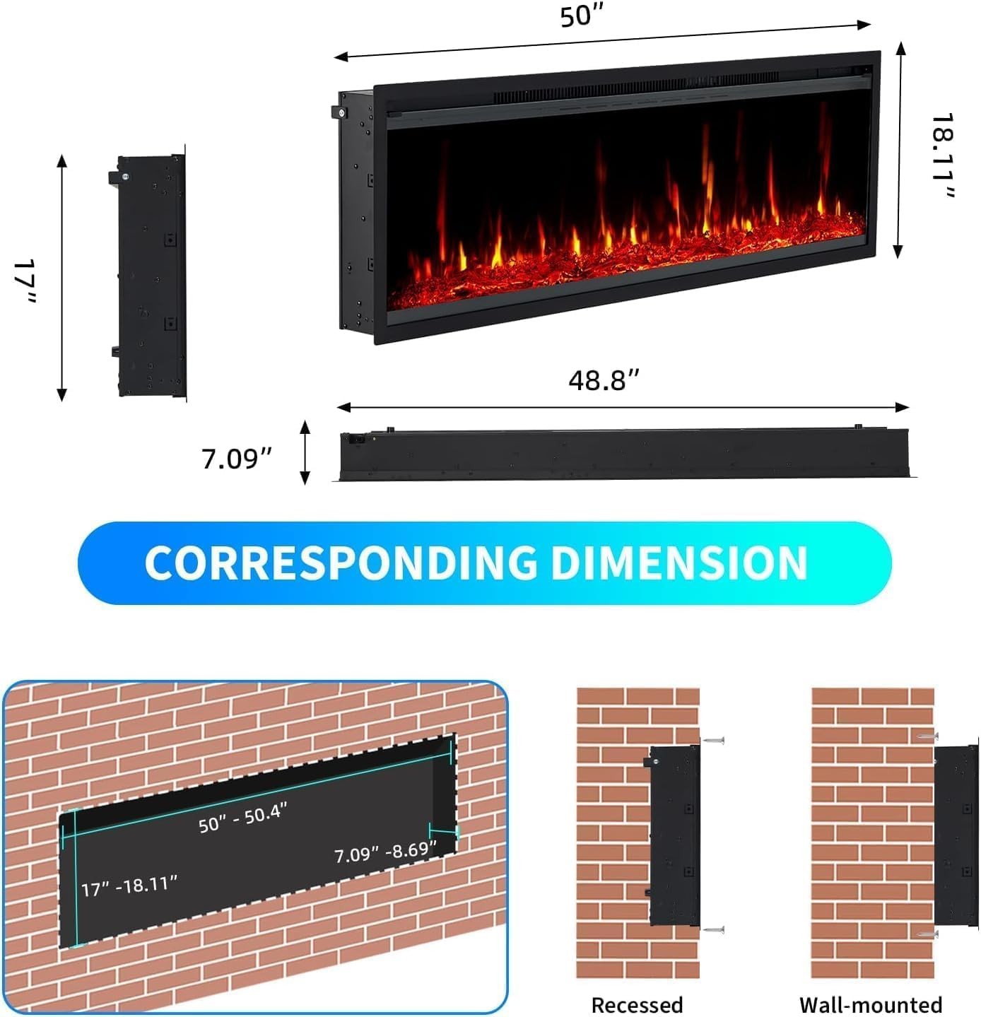 50" Electric Fireplace Recessed Insert or Wall Mounted Standing Electric Heater