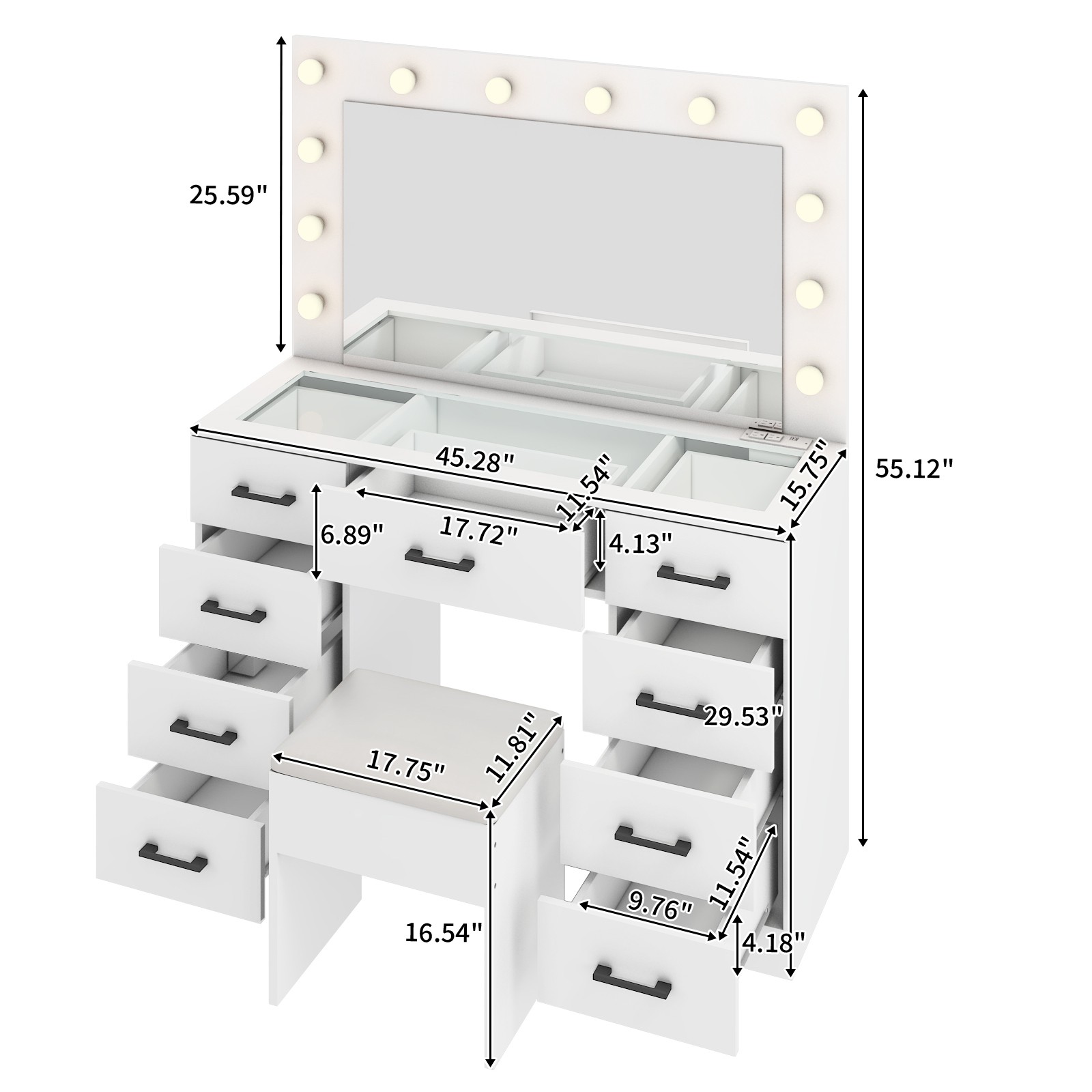 45.3 x 15.7 x 29.5-55.1 Inches Vanity Desk with Large Lighted Mirror & Lights