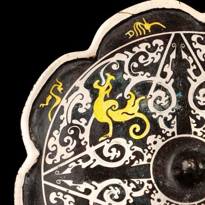 Old Chinese Dynasty Bronze Ware Gilt Sliver Dragon Beast Mirror Bronze mirror