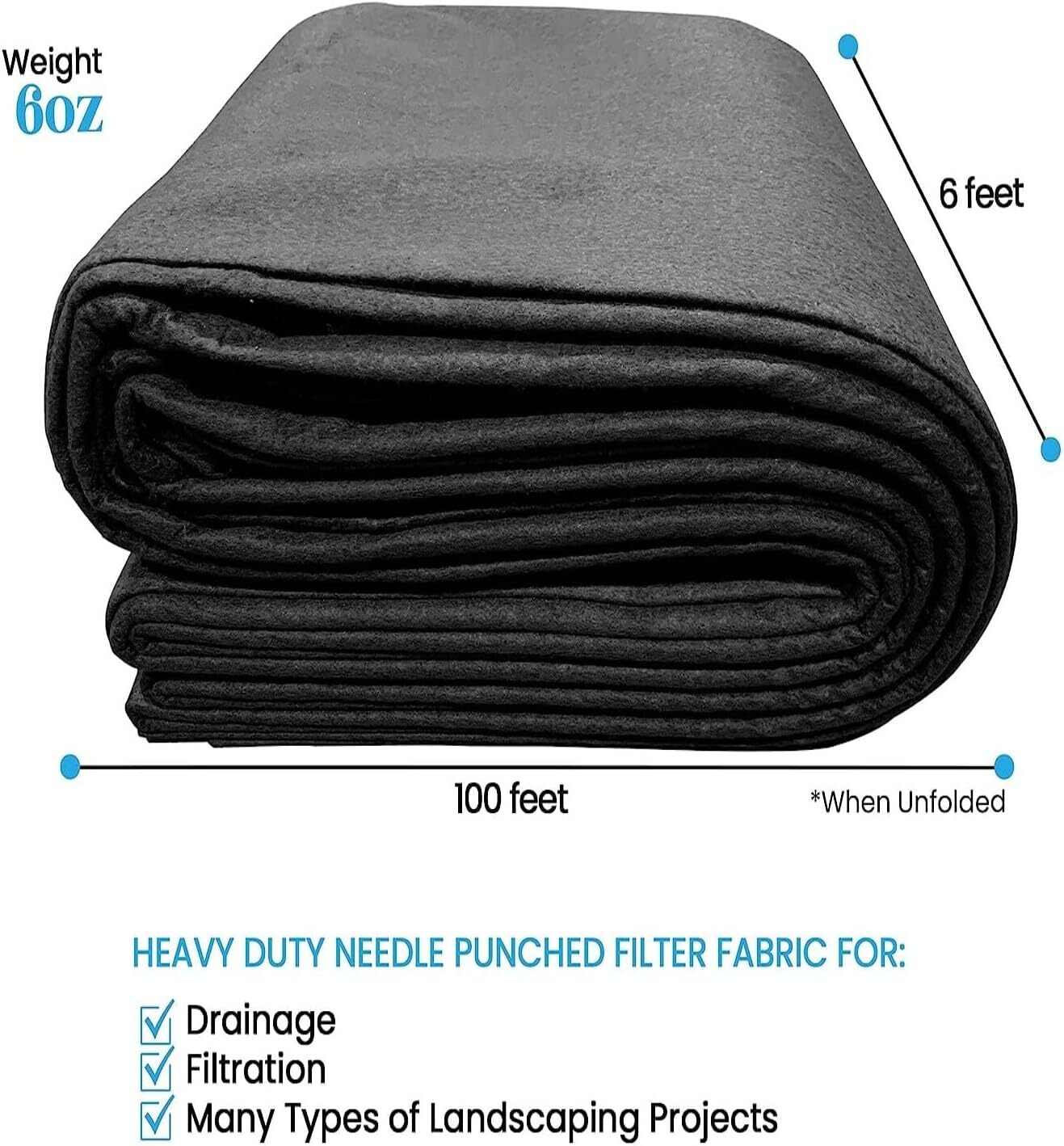 6'x100' 6 Oz Geotextile Fabric Landscape Drainage Weed Barrier Driveway Non-wove