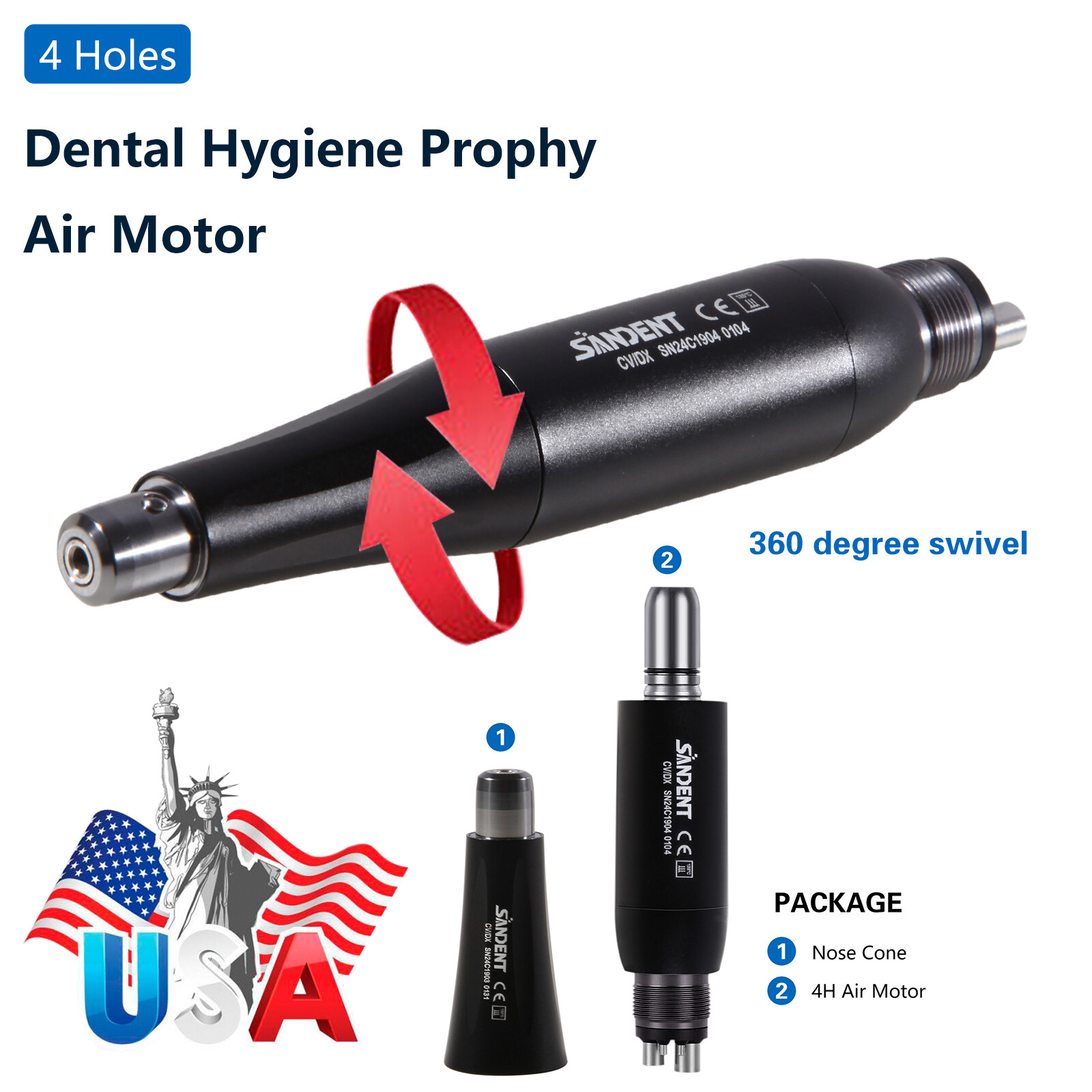 360° Swivel Dental Hygiene Prophy Handpiece Air Motor 4:1 Cone 4 Holes 4000 rpm
