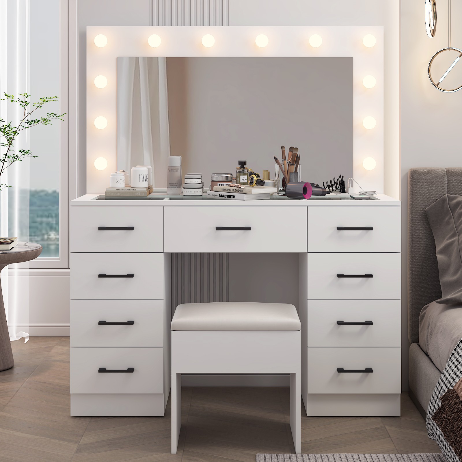 45.3 x 15.7 x 29.5-55.1 Inches Vanity Desk with Large Lighted Mirror & Lights