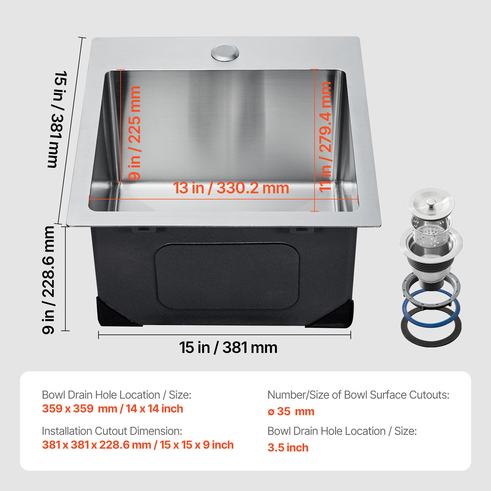 15" Drop-In Kitchen Sink Top Mount Single Bowl Basin Stainless Steel