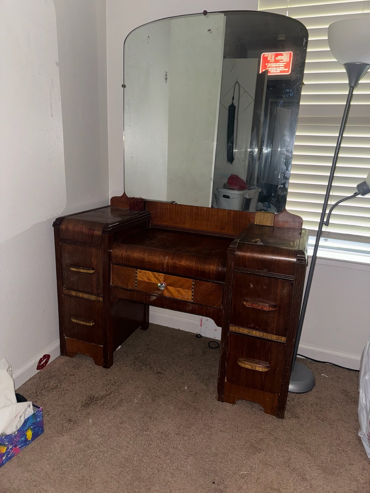 antique wood vanity with mirror