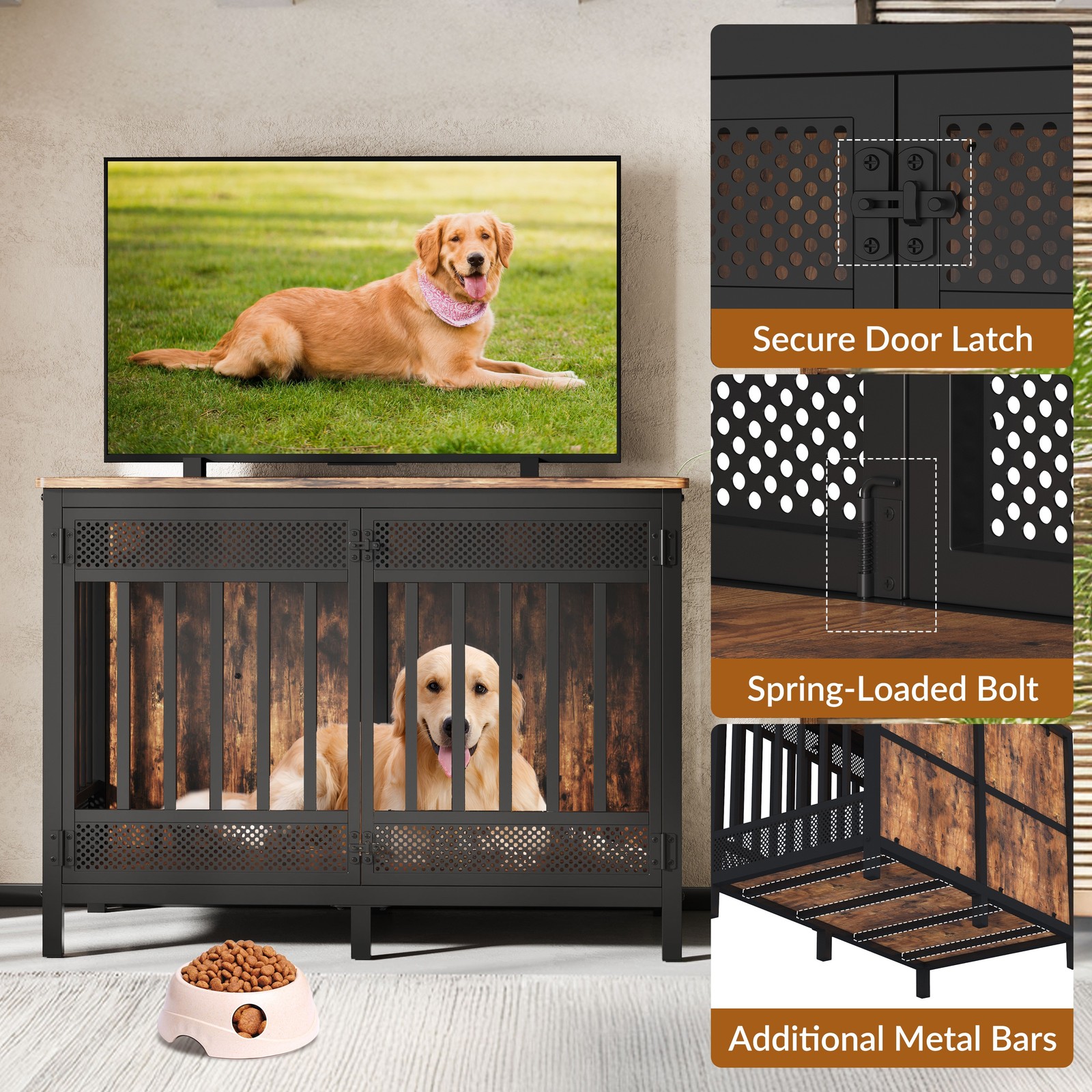 47in Wooden Dog Crate Furniture Style Cage Heavy Duty Indoor Kennel for Big Dog