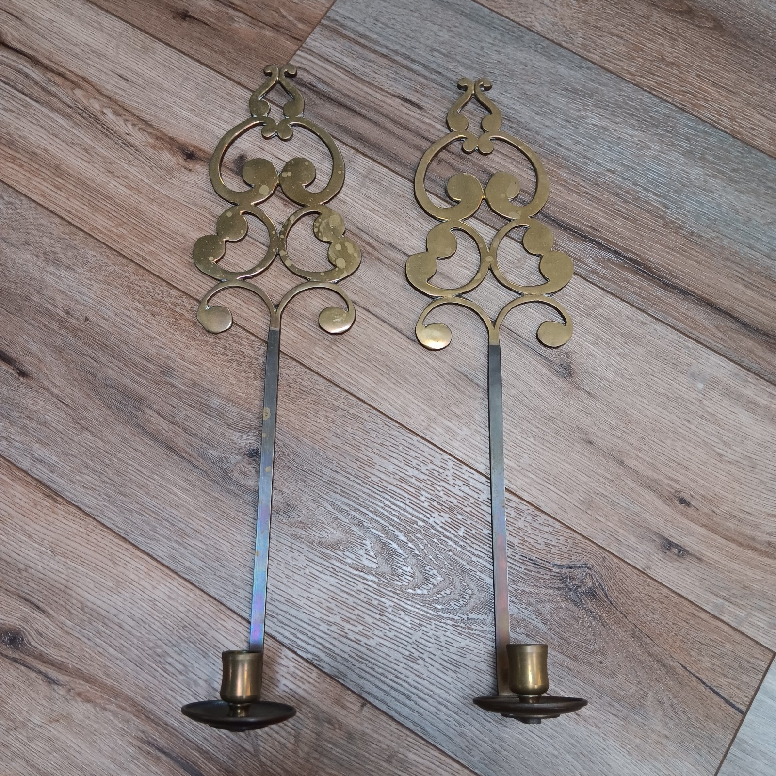 Set Of 2 Lg Vintage Brass Candle Holder 20” Wall Sconces Key Hole Scroll Design