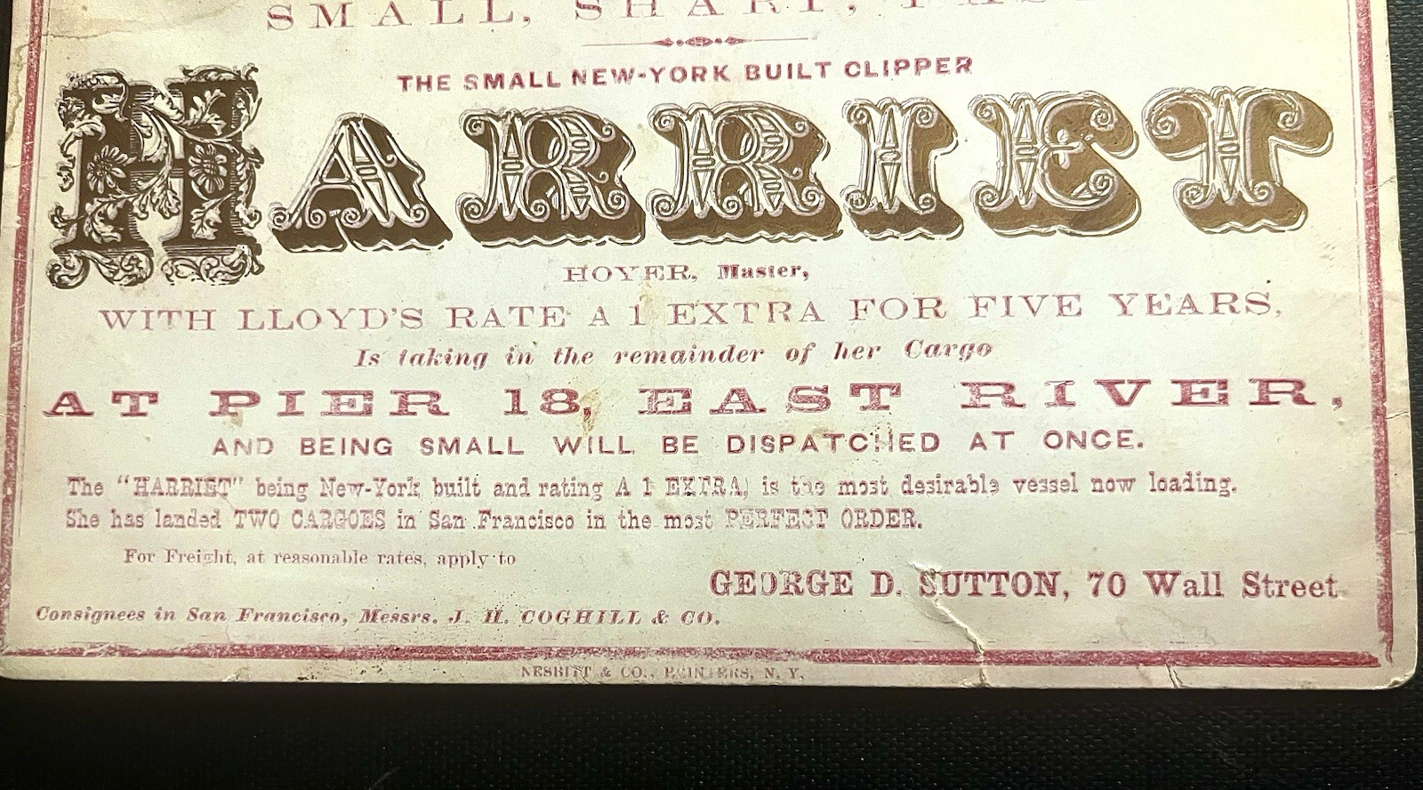 Clipper Ship Card Harriet c. 1860 Geo. H. Sutton's Clipper Line San Francisco