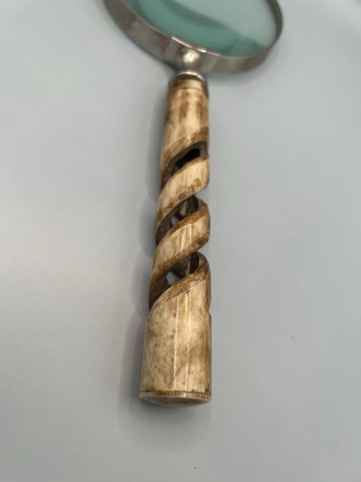 Magnifying Glass, 4" Lens, 10x Magnification Antique Finish Twisted Bone Handle