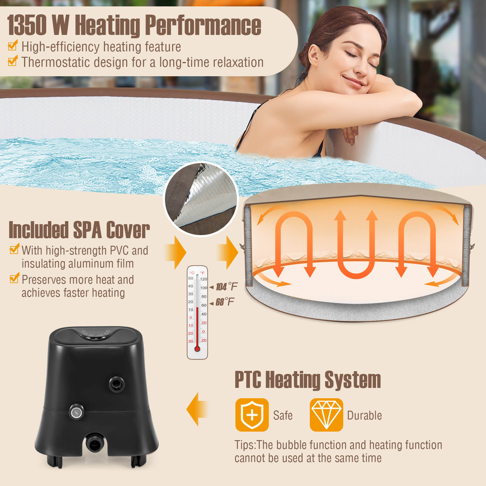 72" Inflatable Hot Tub SPA w/ 120 Air Jets Manual Air Pump Electric Heater Pump