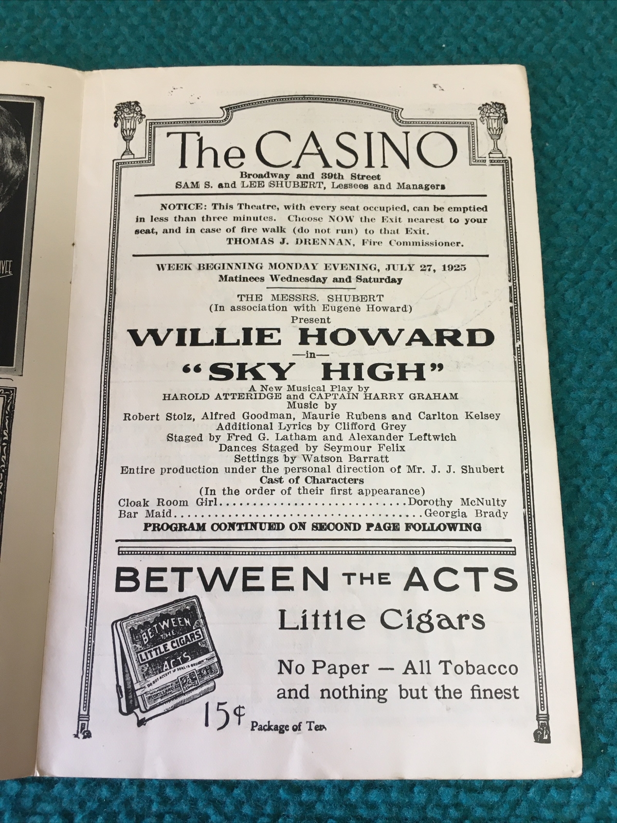 1925 Vintage : THE CASINO "Sky High" BROADWAY PLAYBILL PROGRAM @ Willie Howard