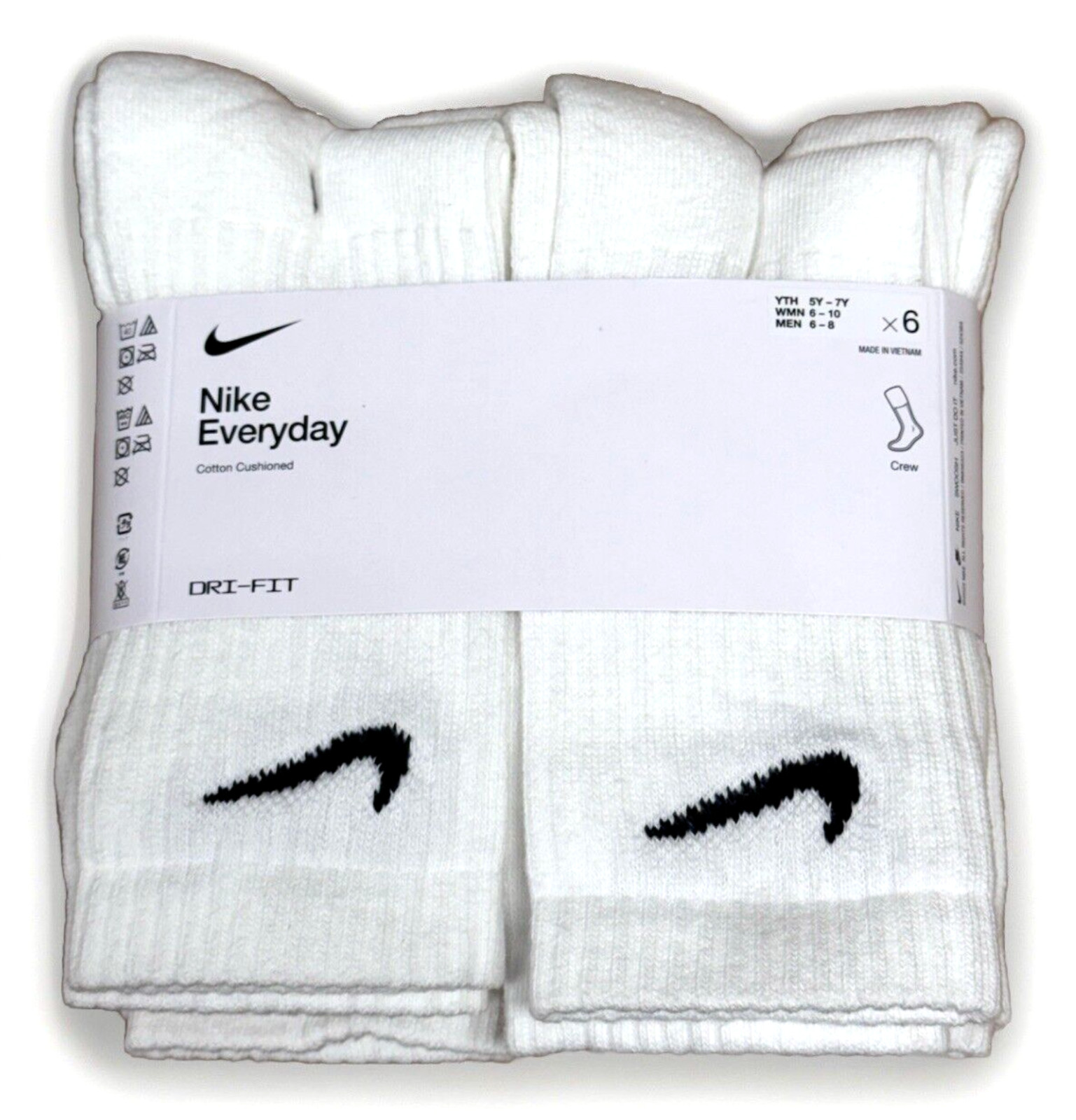 AUTHENTIC Nike Women's Everyday Training Crew Socks 6-PAIRS WHITE MEDIUM 6-10