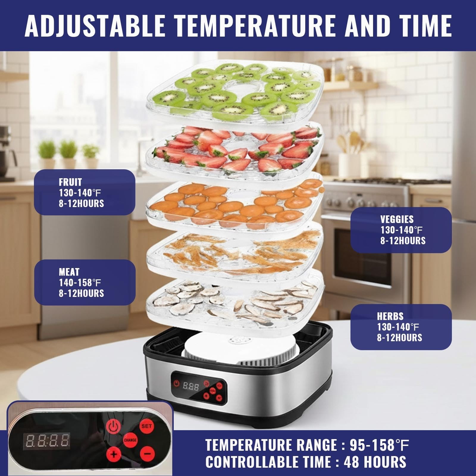 Food Dehydrator Machine, Stainless Steel Dehydrater for Fruit Herb,5 Stackabl...