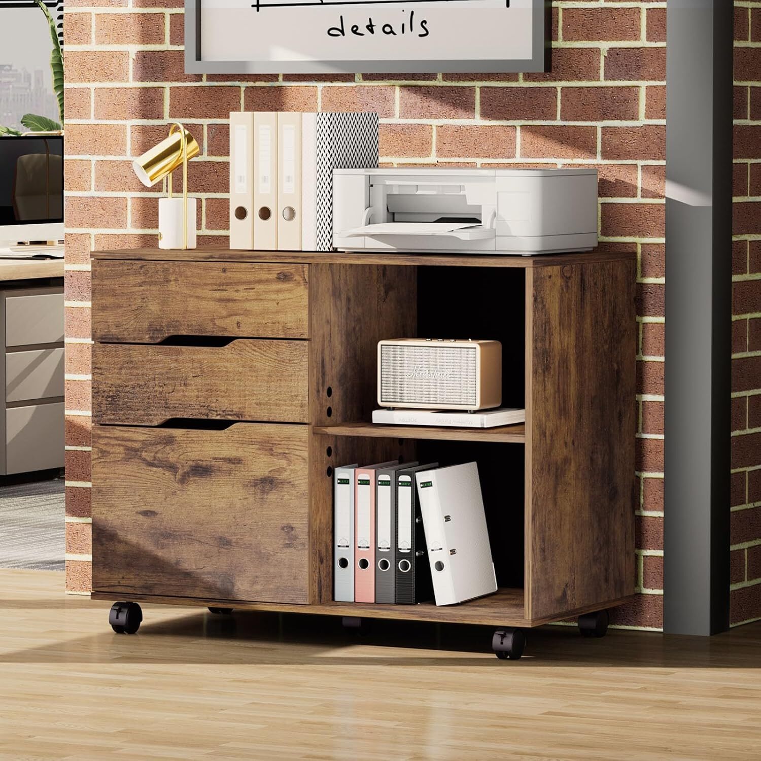3-Drawer File Cabinet Lateral Mobile Cabinet Wood Under Desk Storage Organizer