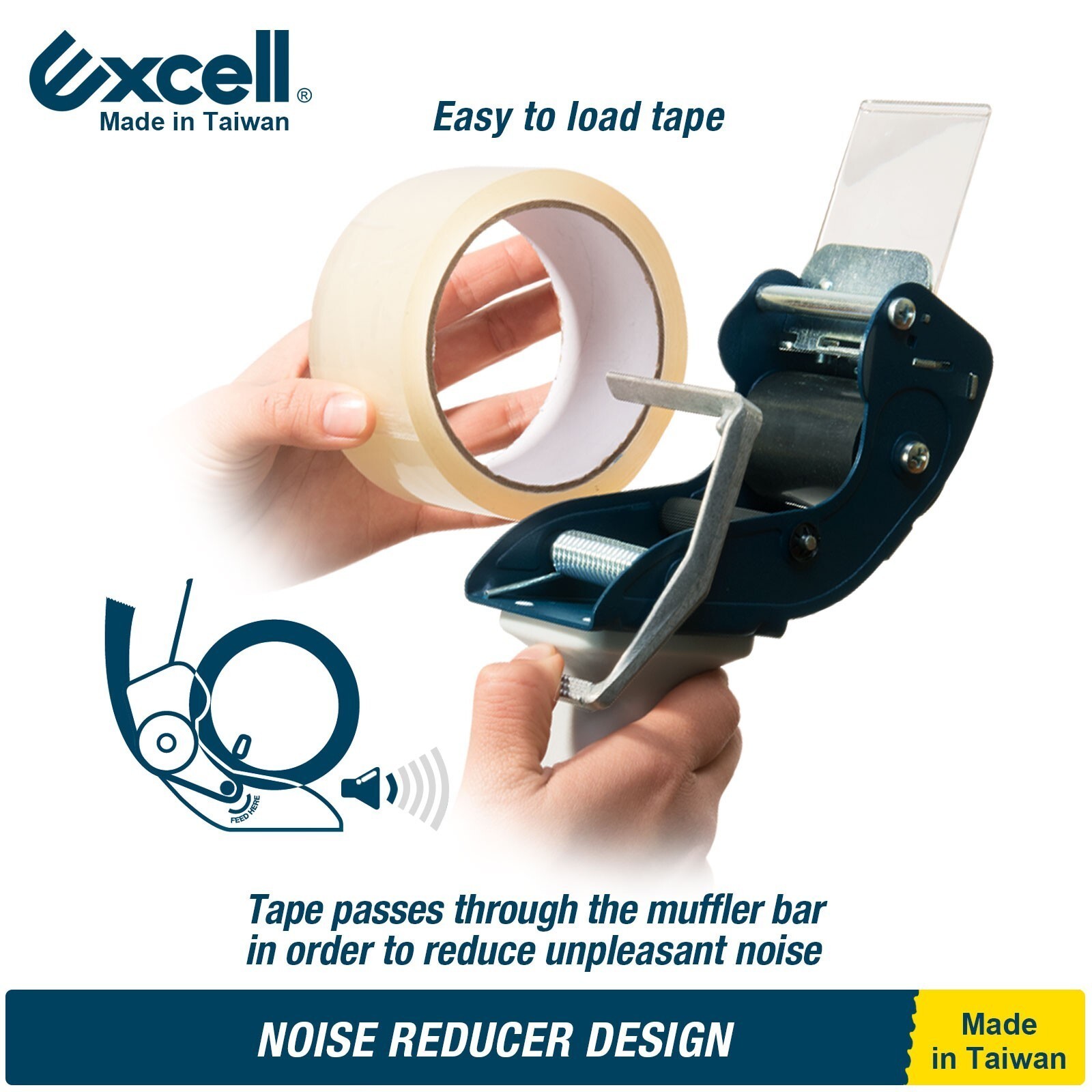 Excell Low Noise Tape Gun 2" Tape 3" Core, Quiet Packing Tool Box Sealing 2 Pack