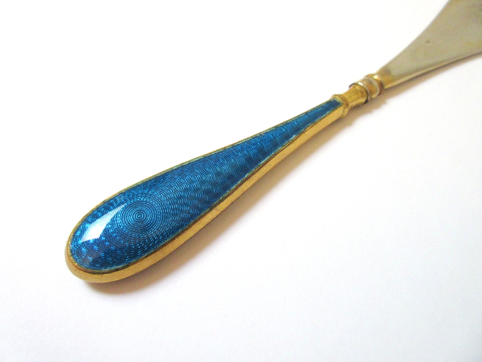 Antique Shoe Horn Peacock Blue Guilloche Enamel