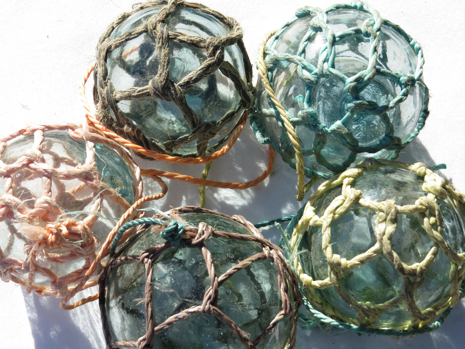 Japanese Glass Fishing FLOATS 3-3.5" Netted (5) FIVE Variable Nets Buoy Vintage