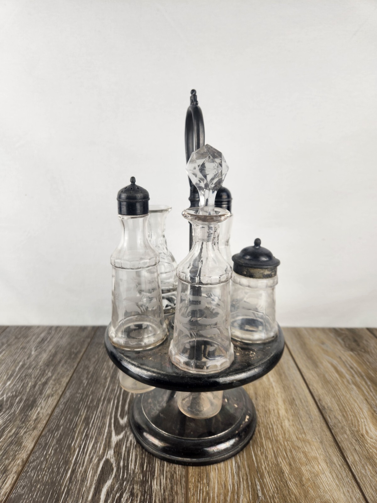 Antique Silver Plate Cruet Castor Condiment Serving Tray Set w/ 5 Bottles