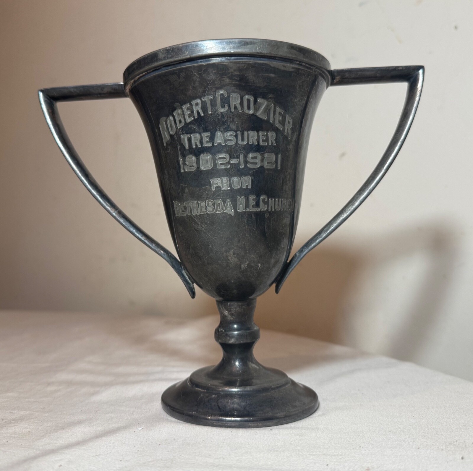 antique 1902-21 silverplate engraved Bethesda ME Church Treasurer trophy award
