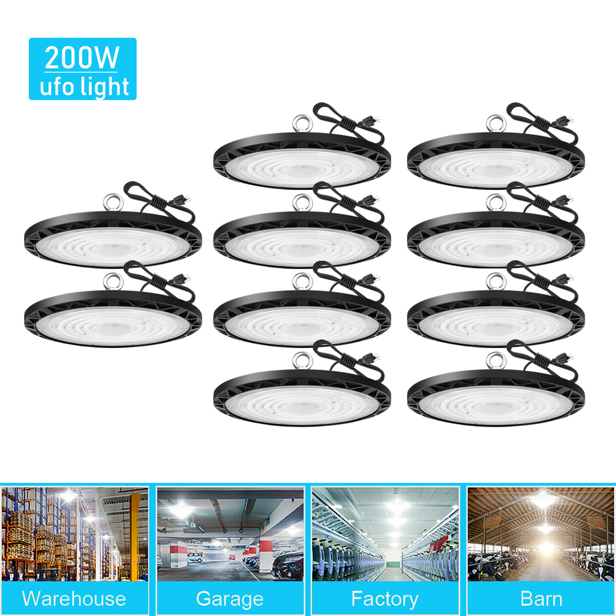 10Pcs 200W UFO Led High Bay Light Warehouse Industrial Commercial Light 90-277V