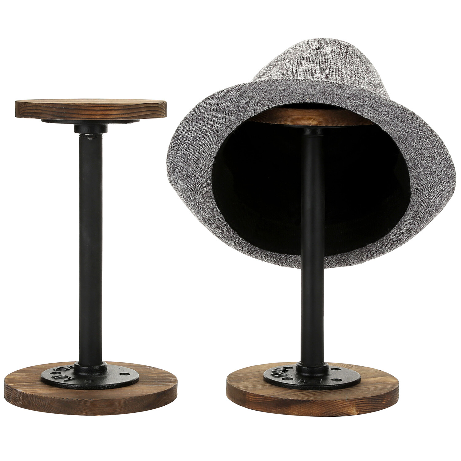 Industrial Metal Pipe and Rustic Burnt Wood Tabletop Hat Wig Stand, Set of 2