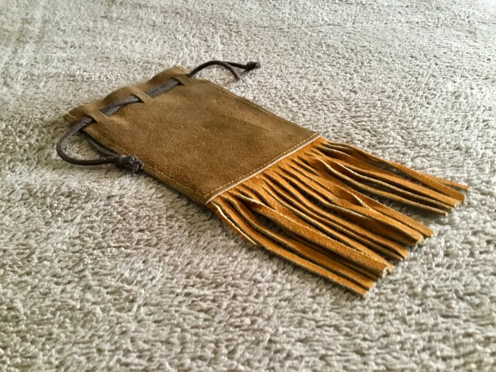 Vintage 1970's Brown Leather Drawstring Stash Pouch With Fringe