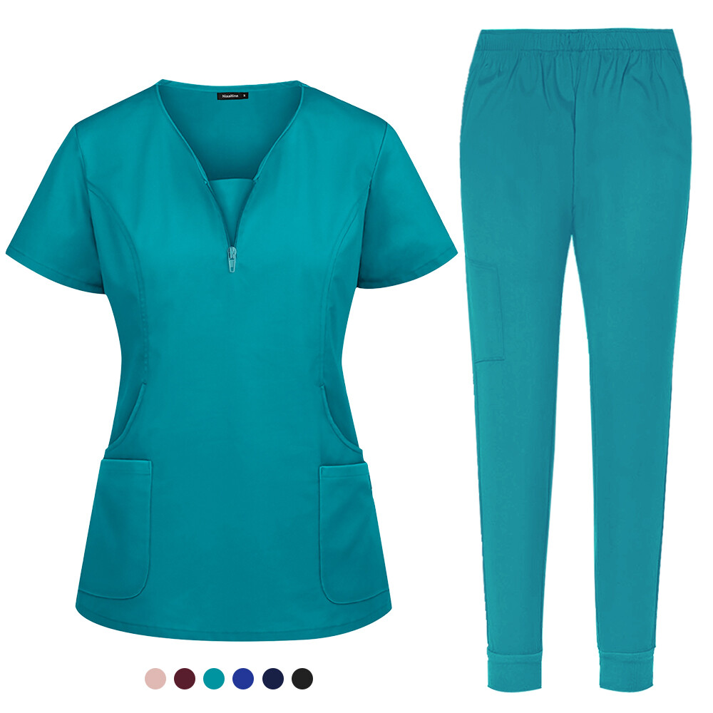 Stretch Scrub Women Solid V-Neck Top Cargo Jogger Pant Medical Nurse Uniform