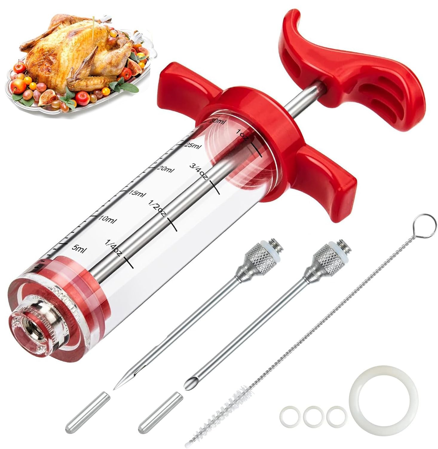 Meat Injector Syringe,1-oz Plastic MarinadeTurkey Injector Kit,2 Marinad Needles