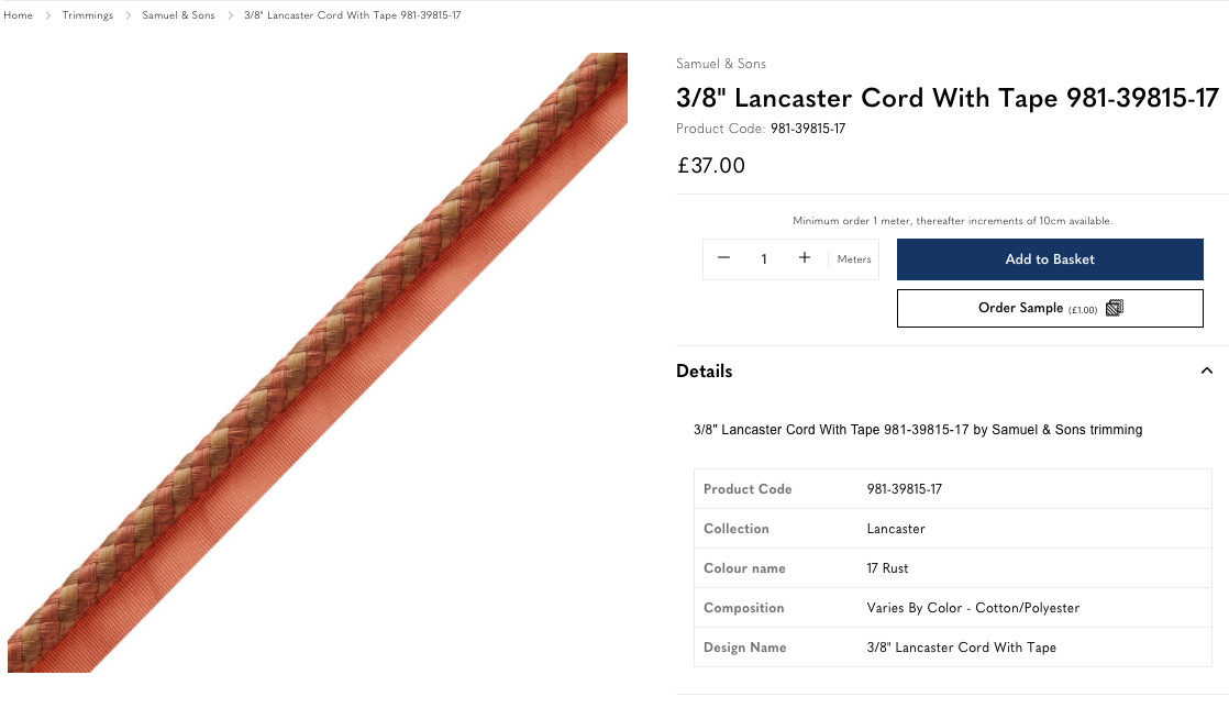 7 yds (252") Samuel & Sons LANCASTER CORD WITH TAPE Rust Orange 3/8" Cord Trim