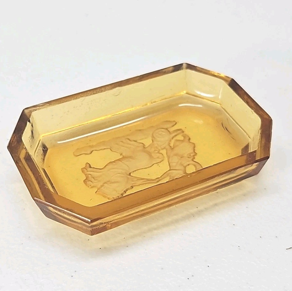 Antique Czech Amber Glass Salt Cellar Intaglio Design Ornate Brass Holder RARE