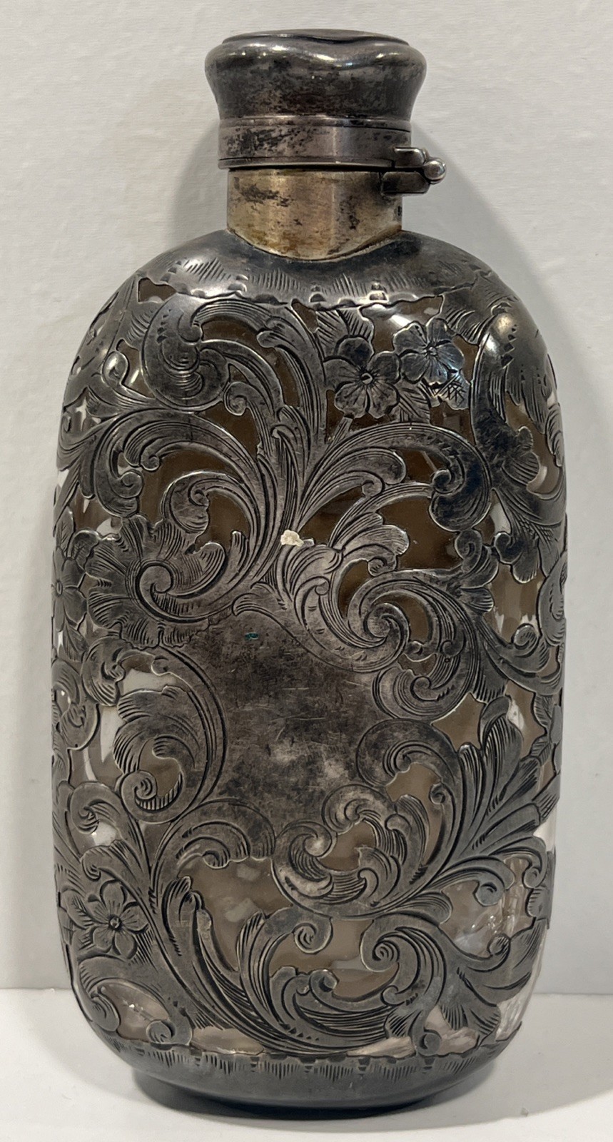 Antique Gorham .925 Sterling Silver Over Glass Overlay Flask Unmolested