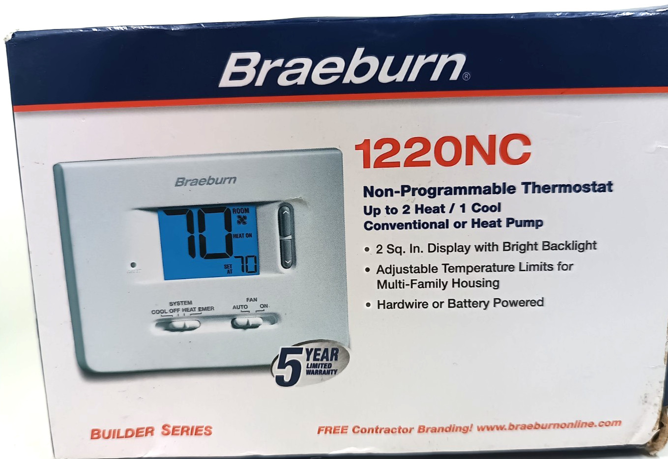 Braeburn 1220NC Non-programmable Thermostat 2 Stages 18 to 30vac - White