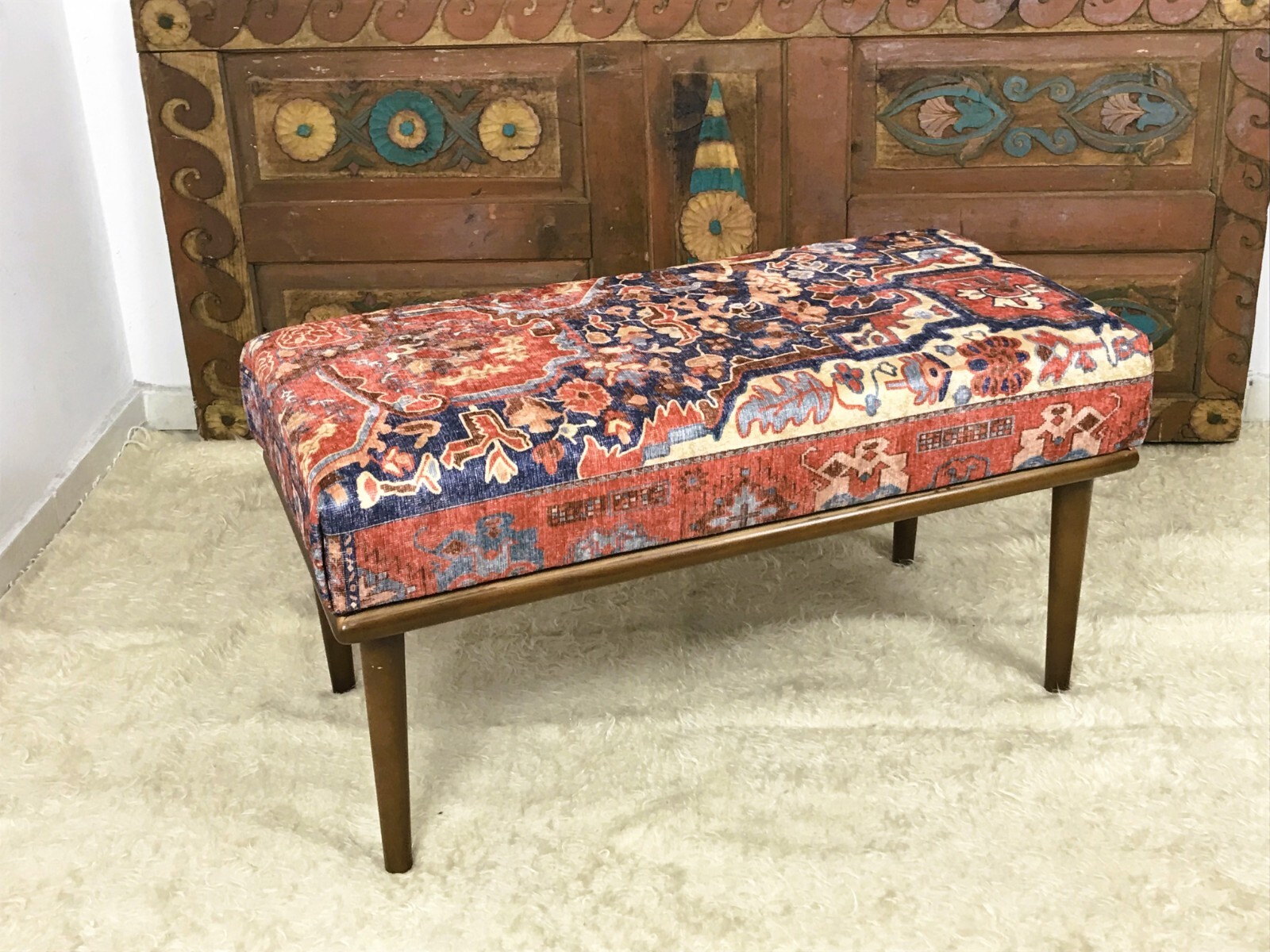 Handmade Kilim Upholstered Ottoman Footstool Piano Entryway Bedroom Bench