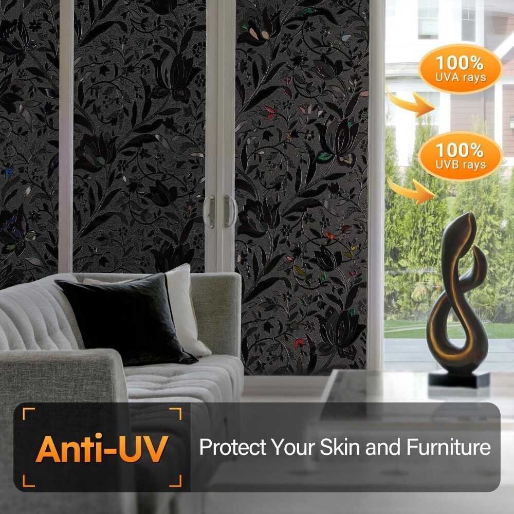 rabbitgoo Total Blackout Window Film Heat Blocking Stained Floral Glass Sticker