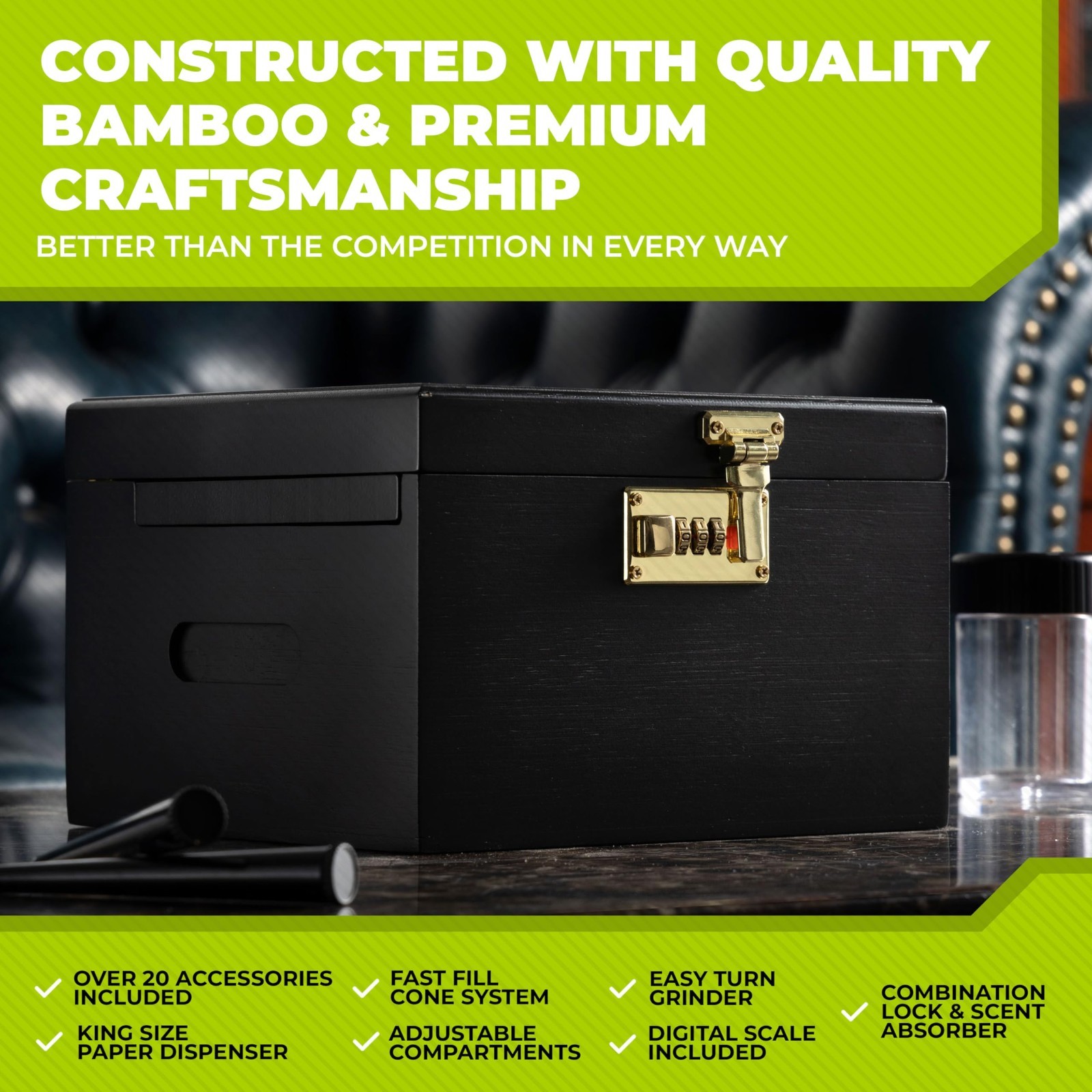 Smell Proof Stash Box with Rolling Tray, Built-In Combo Lock & 21 Accessories