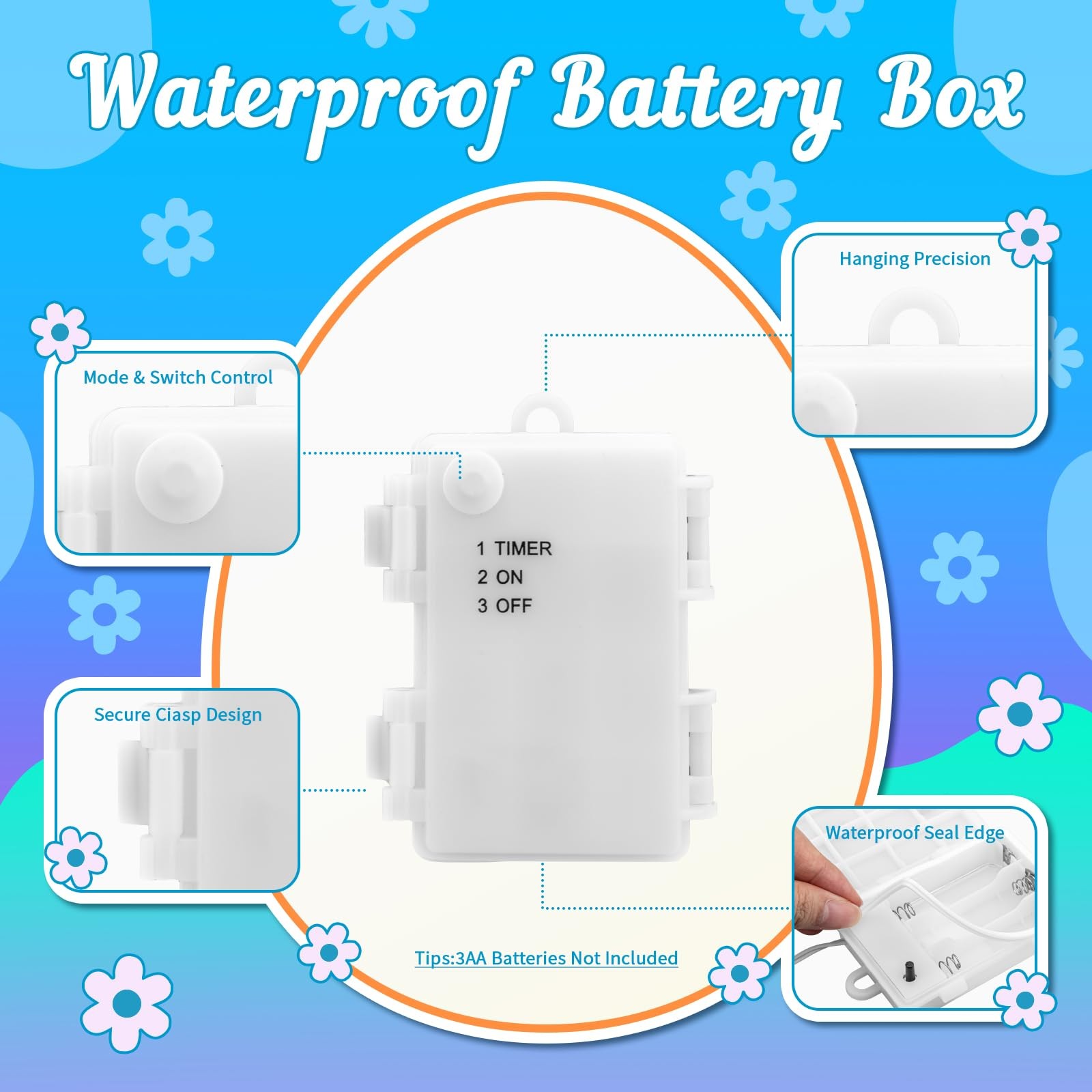 16.4ft 50LED Pastel Easter String Lights Battery Timer White Wire Fairy Garland