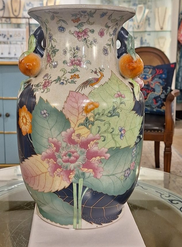 Chinoiserie Porcelain Tobacco Leaf with Pomegranate Handles-12.5''H