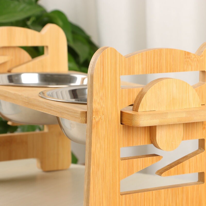 Elevated Bamboo Dog Bowls Stand Adjustable Double Stainless Steel Pet Feeder”