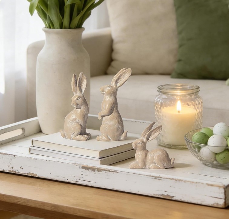 Easter Decorations Bunny Figurines Set of 3 - Rabbit Statues Farmhouse Spring Ho