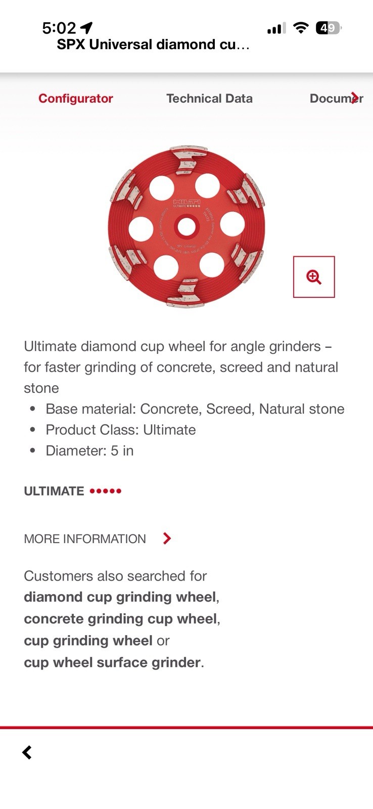 Hilti Diamond Cup Wheel DG-CW SPX 5" Univ Concrete Grinder 2238543
