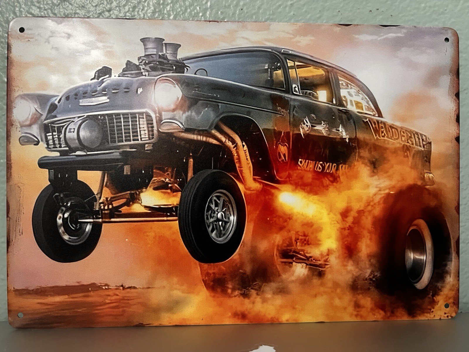 GASSER 55 CHEVY BURNOUT RAT ROD - 8"X12" METAL SIGN MANCAVE GARAGE ART RETRO