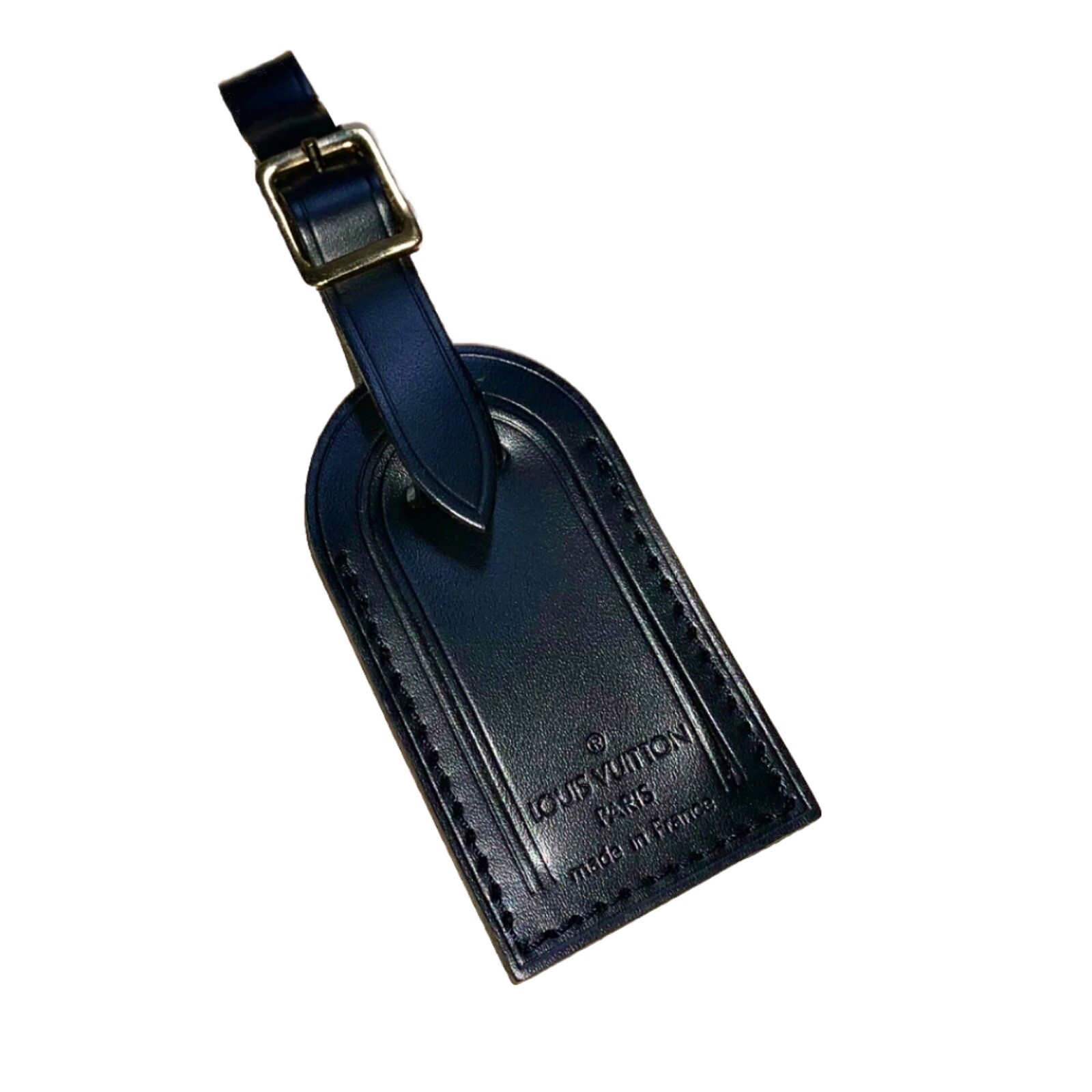 Louis Vuitton ID Name Tag Black Leather Silver tone Hardware Small