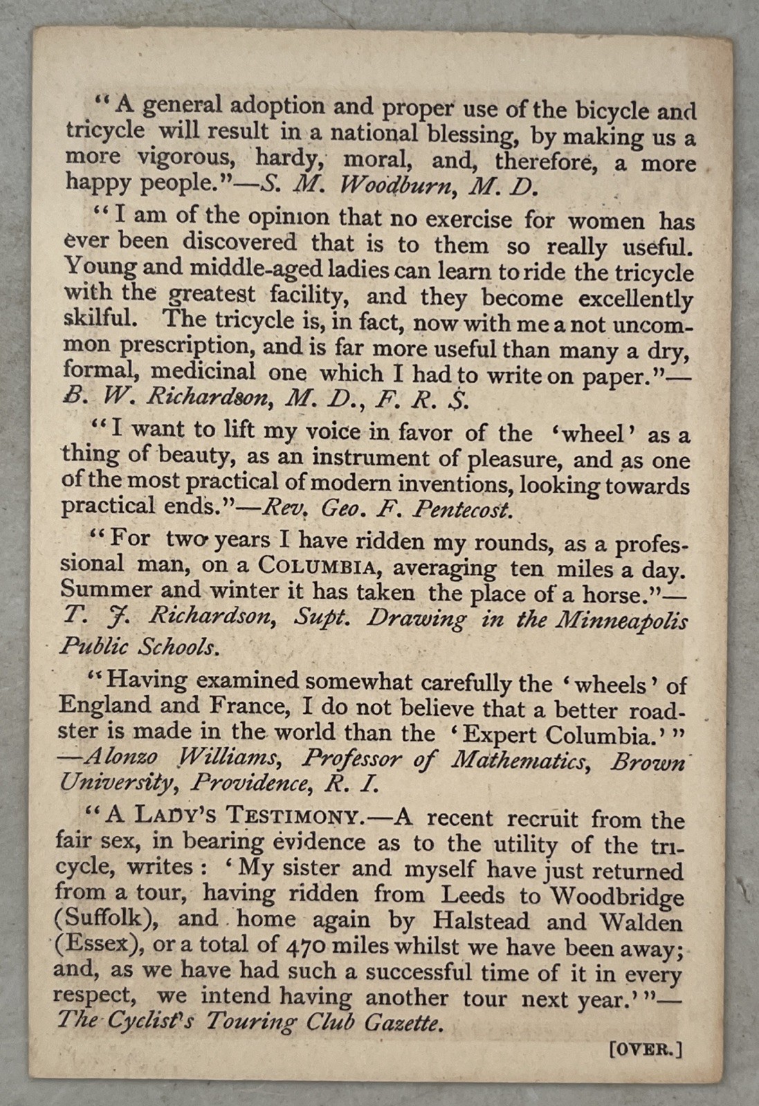 Antique Pope Manufacturing Company Bike Ad Trade Card Bicycle Tricycle Columbia