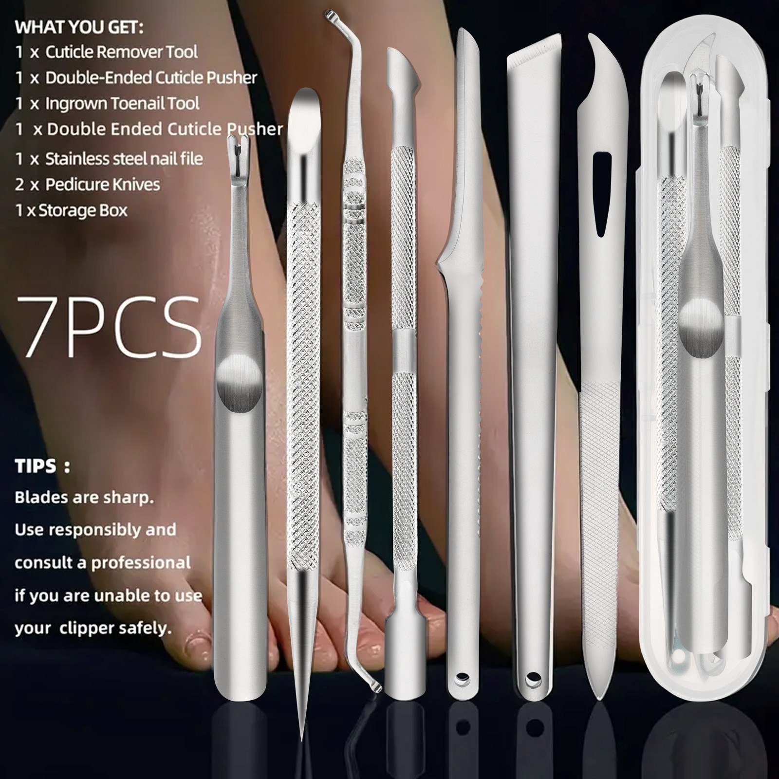 7PCS Stainless Steel Pedicure Tool Set - Foot & Toenail Care for Ingrown Nails