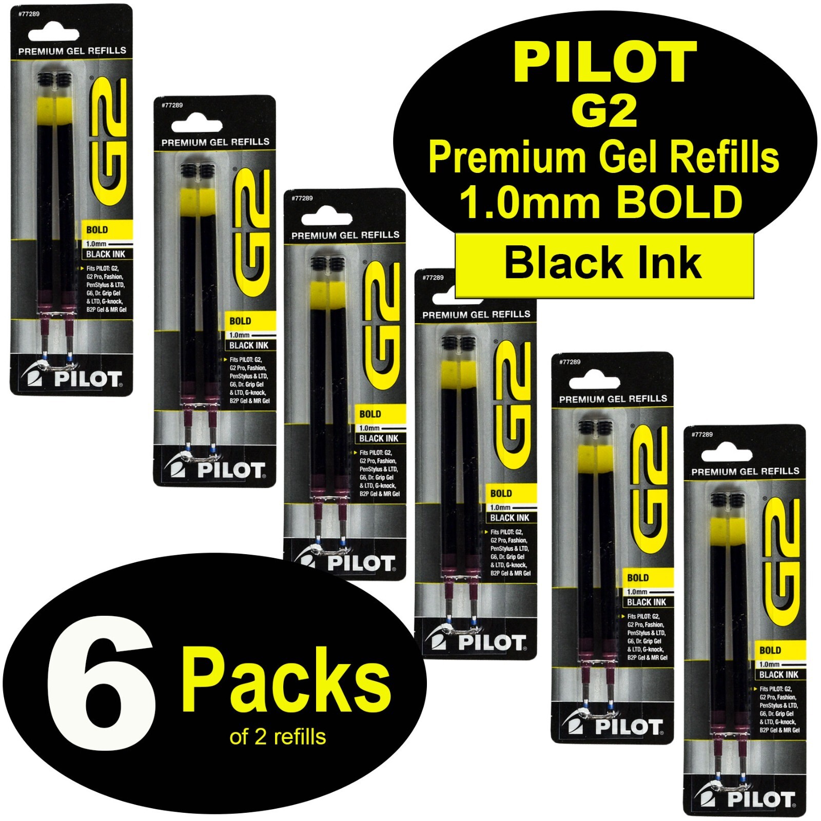 Pilot 77289 G2 Refills 1.0mm Bold Point, Black Gel Ink, 6 Packs of 2 Refills