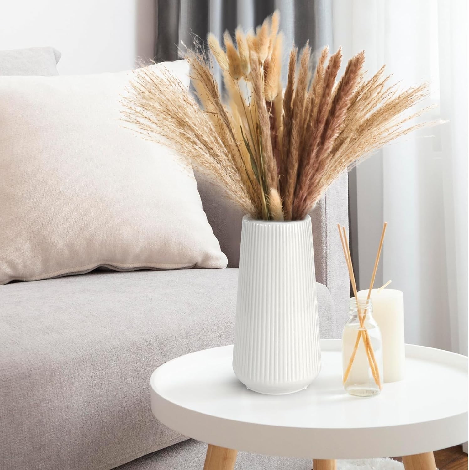 White Ceramic Vase, Small Cute Flower Vase for Pampas Grass, Home, and Decor