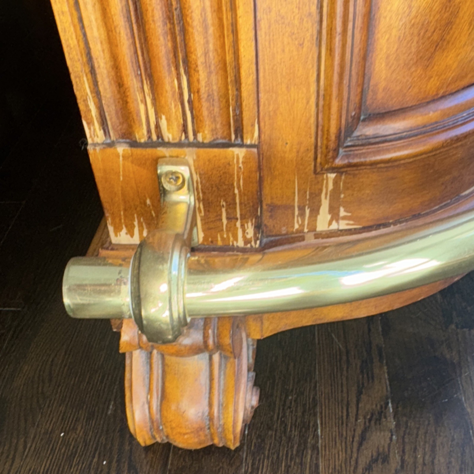 Pulaski Wood Bar Cabinet with Marble Top, Brass Handles, three bar stool’s