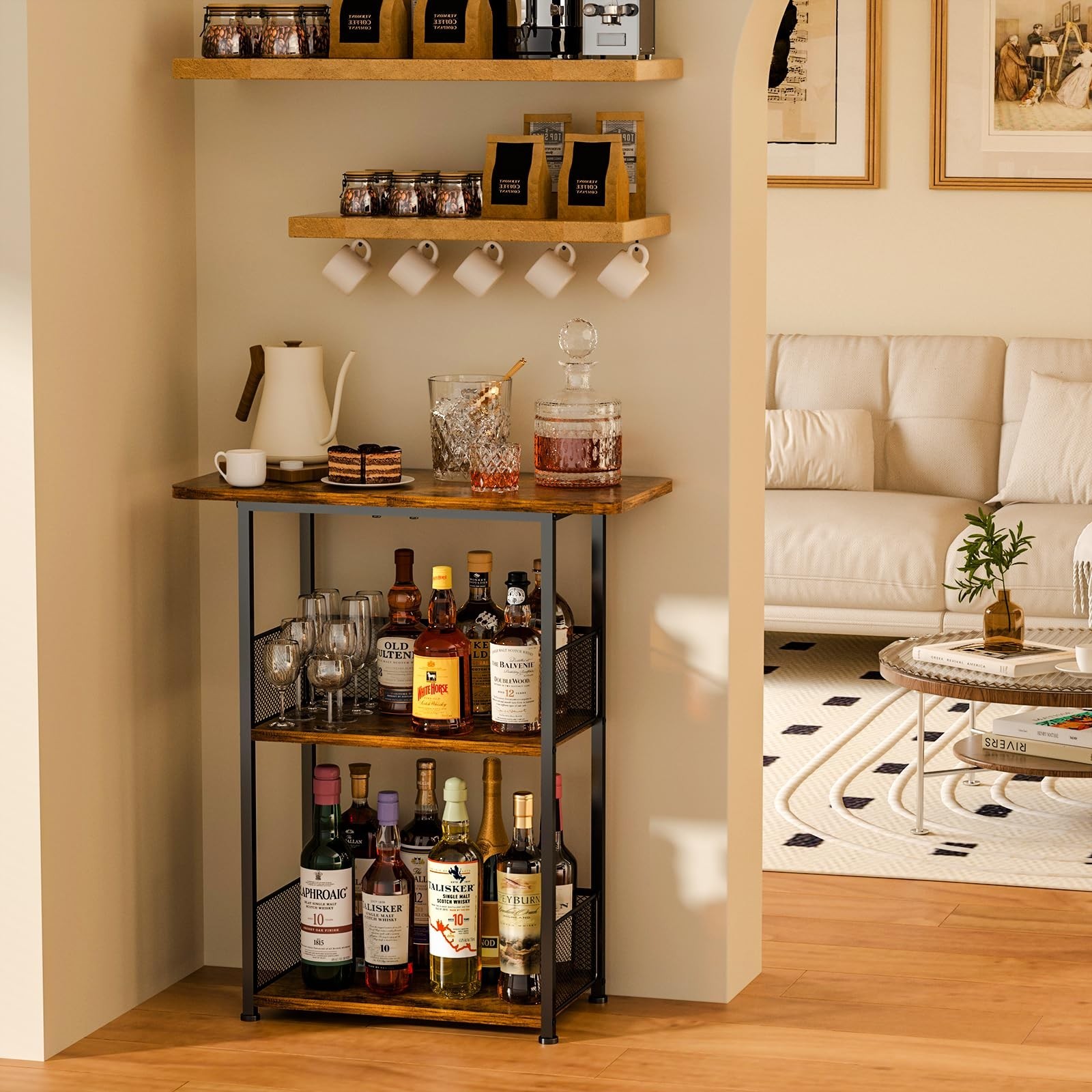 Floor Standing Freestanding Whiskey Rack: 3 Tier Wine Rack Mini Bar Table Cor...